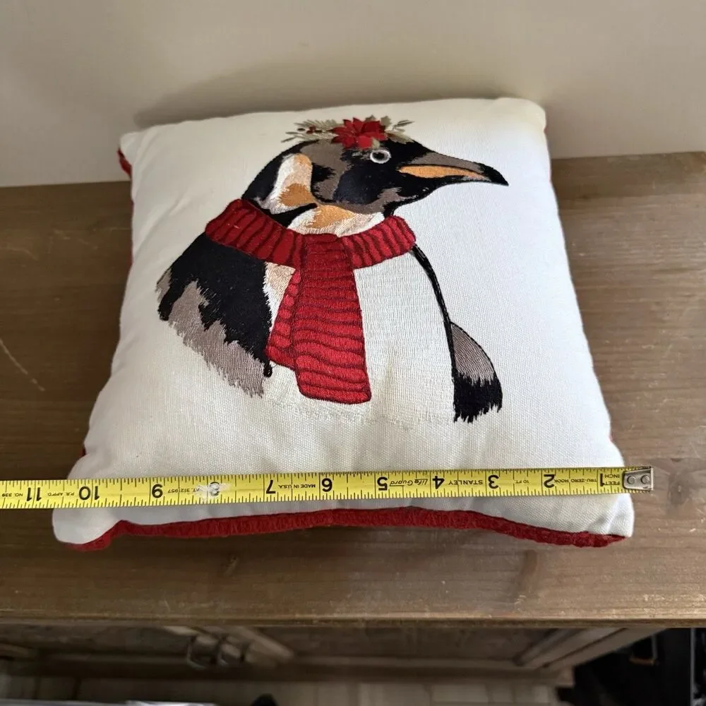 Pier 1 Penguin Holiday Embroidered Pillow Removable Cover Multicolor